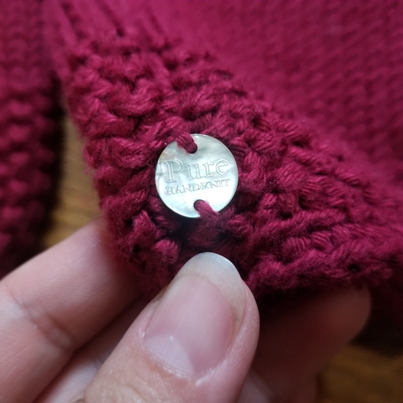 Pure Handknit Big Button M/L Bead Vneck Dark Fuscia Cotton Knit Cardigan Sweater - Picture 7 of 11